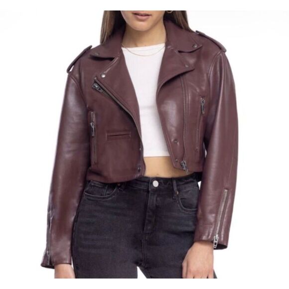 Jackets & Blazers - BLANKNYC Cropped Faux Leather Moto Jacket Burgundy Plum Size Small